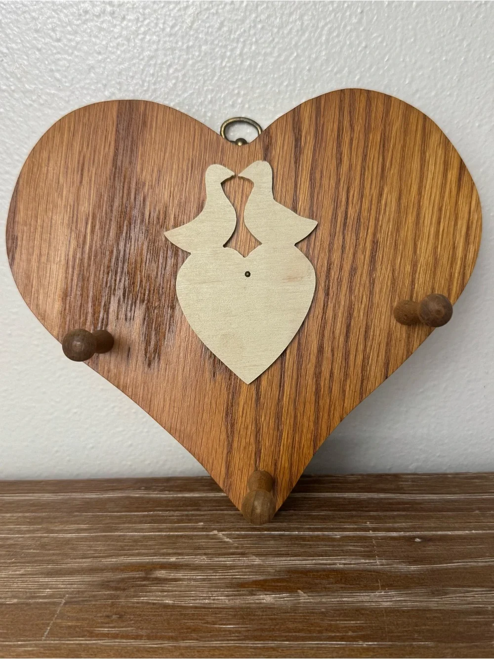 Wood Heart Wall Mounted Hook 3 Peg Goose Cottage Core Country Grandma 7”